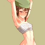  1girl arms_up blush brown_hair character_request dorotabou_(dieter) eyebrows groin hat highres navel red_eyes sarashi sengoku_collection smile solo thick_eyebrows wet 