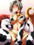  1girl alternate_costume animal_ears bell bell_collar blush breasts chitose_(kantai_collection) choker clenched_hand collar commentary_request cow_ears cow_girl cow_print cow_tail elbow_gloves gloves grey_hair headband horn jewelry kantai_collection kobamiso_(kobalt) large_breasts long_hair looking_at_viewer navel pillow ponytail ring sitting spread_legs swimsuit tail 