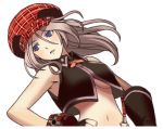  1girl alisa_ilinichina_amiella background_removed blue_eyes breasts god_eater god_eater_burst hat large_breasts long_hair lowres official_art open_mouth plaid project_x_zone silver_hair simple_background solo thigh-highs white_background 