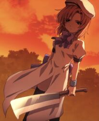  1girl beret black_eyes black_thighhighs blue_wrist_cuffs bow bowtie closed_mouth dress dutch_angle evening half-closed_eyes hat highres higurashi_no_naku_koro_ni holding holding_weapon hswoimuxk0pwr0h_(bbdan) looking_at_viewer nata_(tool) orange_hair orange_sky outdoors purple_bow purple_bowtie ryuuguu_rena short_sleeves sky solo squinting sunset thigh-highs weapon white_dress white_hat wrist_cuffs 