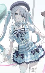  1girl absurdres aqua_hair balletcore balloon belt beret black_hat blue_eyes blue_gemstone blue_hair bow buckle choker colored_inner_hair cowboy_shot dress escalator french_girly frilled_choker frilled_wrist_cuffs frills gem grey_hair hair_bow hat heart heart-shaped_buckle heart-shaped_gem heart_balloon highres kaga_sumire kaga_sumire_(7th_costume) lace-trimmed_bow lace_trim legwear_garter licking_lips long_hair looking_at_viewer mole mole_under_eye multicolored_hair multiple_belts oninome_tsuki overalls plaid_clothes plaid_dress plaid_overalls puffy_sleeves reclining short_sleeves single_legwear_garter solo streaked_hair tongue tongue_out twintails virtual_youtuber vspo! white_belt wrist_bow wrist_cuffs 