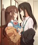  2girls akni blush brown_hair commentary_request hand_under_clothes idolmaster idolmaster_cinderella_girls jacket looking_at_another multiple_girls necktie shibuya_rin shimamura_uzuki 