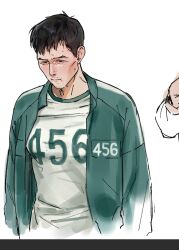  1boy baby black_eyes black_hair blush breast_padding breasts clothes_writing cowboy_shot crossdressing crossdressing_(mtf) facing_down green_track_suit head_down highres male_focus out_of_frame pectorals runlikehellllll seong_gi-hun serious shirt short_hair small_breasts solo squid_game track_suit white_shirt 