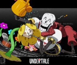 1girl 2024 2boys 2d ^_^ animal_ears anime_coloring armor artist_logo artist_name black_background blue_flower blue_shorts boots can canned_food cape cat_girl closed_eyes copyright_name digital_media disembodied_head eating female flower flowey_(undertale) gloves gradient_background hand_on_own_chin happy holding holding_watering_can humanoid kamezaemon legs_up lying mad_mew_mew male male_focus male_only monster monster_boy multiple_boys musical_note on_stomach open_mouth orange_flower papyrus_(undertale) pink_flower pink_hair plant red_boots red_cape red_gloves shorts simple_background skeleton smile spoon spoon_in_mouth teeth text trio twintails undead undertale utdr_(toby_fox) watering watering_can wet white_armor yellow_flower 