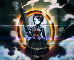  1girl arm_cannon black_hair blame! blame_gakuen! chingisu corset cyberpunk cyborg dress frills gothic_lolita hairband lolita_fashion pale_skin ribbon safeguard_(blame!) sanakan science_fiction short_hair solo steam weapon white_skin 