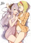  2girls bed_sheet black_eyes blonde_hair blue_eyes blush bow bow_panties breast_press breasts chemise cleavage covered_navel dated demon_horns djeeta_(granblue_fantasy) eye_contact granblue_fantasy hair_over_one_eye hairband hand_on_another&#039;s_shoulder highres holding_hands horns large_breasts leg_between_thighs long_hair looking_at_another lying multiple_girls narumeia_(granblue_fantasy) navel on_side open_mouth pajamas panties profile sakamoto-cat see-through short_hair signature silver_hair smile underwear white_panties yuri 