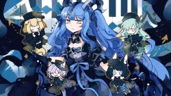  5girls :3 animal_ears arknights ave_mujica_(bang_dream!) bang_dream! bang_dream!_it&#039;s_mygo!!!!! black_bonnet black_dress black_gloves black_hair black_hat black_horns black_ribbon blonde_hair blue_hair bonnet cat_ears cat_girl chibi chinese_commentary closed_eyes closed_mouth commentary_request cowboy_shot curled_horns detached_collar dog_ears dog_girl dress fu_fen_man_ta_lei_guantou gloves green_hair hair_ribbon hat highres horns long_hair looking_at_viewer misumi_uika misumi_uika_(caged_singer) multiple_girls open_mouth outline purple_hair ribbon short_hair sidelocks smile standing togawa_sakiko togawa_sakiko_(master_of_melodia) two_side_up wakaba_mutsumi wakaba_mutsumi_(marionette&#039;s_id) yahata_umiri yahata_umiri_(moonlight_executioner) yellow_eyes yuutenji_nyamu yuutenji_nyamu_(magician_of_passion) 