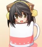  1girl :d animal_ears black_hair blush chibi commentary_request cup haruna_(kantai_collection) ichikawa_noa kantai_collection kemonomimi_mode looking_at_viewer mug open_mouth smile solo yellow_eyes 