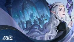  1girl afk_(series) afk_journey black_robe bug circlet copyright_logo dragonfly english_commentary eyeshadow from_side gold_circlet grey_hair holding holding_staff long_hair looking_at_viewer makeup official_art people pointy_ears purple_eyeshadow purple_lips robe staff velara_(afk) very_long_hair 