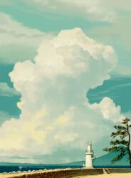 1girl blue_sky boat cloud_focus clouds cloudy_sky cumulonimbus_cloud damachitanu day dress highres lighthouse mount_fuji mountainous_horizon original outdoors scenery sky tree very_wide_shot water watercraft white_dress 