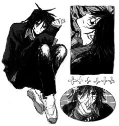  1boy boxcutter commentary_request denpa_shougai greyscale highres holding holding_boxcutter knees_up looking_at_viewer male_focus monochrome multiple_views randal&#039;s_friends short_hair simple_background sitting sleeves_past_wrists sweater tsukada_satoru white_background 