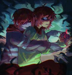 1girl 2others artist_name black_shirt brown_hair collared_shirt colored_skin commentary deltarune double_horizontal_stripe earrings english_commentary green_sweater grey_hoodie grey_skin hair_over_one_eye highres holding_hands hood hoodie jewelry kris_(dark_world)_(deltarune) kris_(deltarune) multiple_others nebbeli noelle_holiday shirt short_hair smile striped_clothes striped_hoodie sweat sweater utdr_(toby_fox) vessel_(deltarune) weird_route_(deltarune)