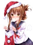  ... 1girl anchor_symbol bangs blush brown_hair commentary eyebrows eyebrows_visible_through_hair folded_ponytail hair_between_eyes hair_ornament hairclip hat holding_clothes inazuma_(kantai_collection) kantai_collection long_hair long_sleeves looking_at_viewer nogi_takayoshi pom_pom_(clothes) santa_costume santa_hat school_uniform serafuku simple_background solo speech_bubble sweatdrop trembling upper_body white_background white_blouse yellow_eyes 