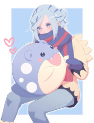  absurdres aqua_eyes aqua_hair blue_eyes blue_mittens blue_scarf blush closed_mouth eyelashes fluffy grusha_(pokemon) highres jacket mittens pants pokemon pokemon_(creature) pokemon_sv scarf scarf_over_mouth spheal striped_clothes striped_scarf two-tone_scarf w3n6e yellow_jacket 