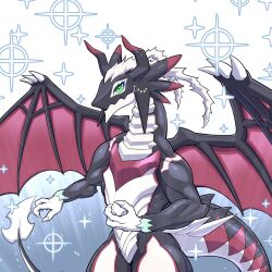  1girl black_scales claws closed_mouth dragon dragon_horns dragon_tail dragon_wings dragonmaid_sheou duel_monster green_eyes horns house_dragonmaid looking_at_viewer solo sparkle tail western_dragon wings yata_masahara yu-gi-oh! 