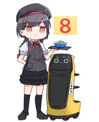  1girl apron bellabot beret black_apron black_hair black_hat black_shoes black_skirt black_socks bowl braid closed_mouth collared_shirt commentary_request food frilled_shirt_collar frilled_skirt frilled_sleeves frills full_body hachiban_ramen hachiban_ramen_uniform hand_on_own_hip hat haz holding holding_tray jitome katsuragi_izumi kneehighs link!_like!_love_live! loafers long_hair looking_at_viewer love_live! low_twin_braids miniskirt name_connection name_tag neck_ribbon noodles official_alternate_costume pocket pudu_robotics puffy_short_sleeves puffy_sleeves ramen red_ribbon ribbon robot shirt shoes short_sleeves simple_background skirt slit_pupils smile socks standing translated tray twin_braids virtual_youtuber white_background white_shirt 