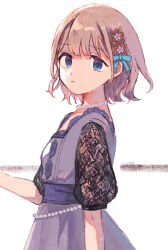  1girl arm_at_side black_sleeves blue_eyes blue_ribbon closed_mouth commentary_request dress expressionless flower from_side grey_hair hair_flower hair_ornament hair_ribbon hand_up highres idolmaster idolmaster_shiny_colors jewelry lace lace_sleeves looking_at_viewer looking_to_the_side maple_mutuki necklace pearl_necklace purple_dress ribbon see-through_clothes see-through_sleeves serizawa_asahi short_hair short_sleeves sidelocks solo square_neckline upper_body waist_jewel wavy_hair white_background 