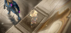  2girls absurdres aged_down barefoot blonde_hair blue_bodysuit bodysuit breasts child dual_persona from_above highres large_breasts looking_up max_kay metroid multiple_girls purple_tunic remembering samus_aran standing tunic water zero_suit 