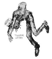  1boy boxcutter commentary_request denpa_shougai full_body gakuran greyscale highres holding holding_boxcutter jacket male_focus monochrome open_clothes open_jacket randal&#039;s_friends school_uniform short_hair simple_background solo tsukada_satoru white_background 