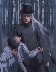  2boys averting_eyes black_socks blue_hair carrying ciel_phantomhive closed_eyes ecler_ecler feathered_wings forest hair_flowing_over hat highres holding_own_hand kuroshitsuji male_focus multiple_boys nature princess_carry shirt short_hair slouching socks undertaker_(kuroshitsuji) walking white_hair white_shirt white_wings wings 