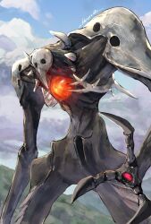  absurdres angel_(evangelion) armor bird_mask black_skin blue_sky clouds colored_skin core giant giant_monster grass highres hollow_eyes horns ikuyoan long_arms mask mechanical_hands monster mountain neon_genesis_evangelion no_humans pauldrons sachiel_(evangelion) shoulder_armor signature sky spikes talons twitter_username white_mask 