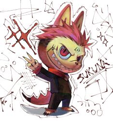  &gt;:) 1boy animal_ears black_claws character_name creature evil_grin evil_smile facial_mark full_body grin highres itadori_yuuji jujutsu_kaisen knullkhan labubu male_focus red_eyes red_hair ryoumen_sukuna_(jujutsu_kaisen) sharp_teeth signature slit_pupils smile solo spiked_tail standing tail teeth twitter_username undercut v v-shaped_eyebrows 