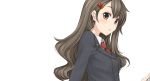  1girl :o blazer blush brown_eyes brown_hair couzone eyebrows eyebrows_visible_through_hair hair_ornament hairclip highres looking_at_viewer necktie original school_uniform simple_background solo white_background 