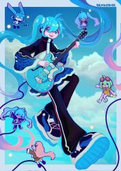  3girls aqua_hair artist_name bass_guitar beak black_pants black_shoes blue_eyes blue_theme chibi chibi_inset clouds commentary english_commentary full_body goggles goggles_on_head gradient_hair green_hair gumi hair_between_eyes hatsune_miku highres instrument jacket minecraft_pickaxe moss_(honey_cosmos) multicolored_hair multicolored_jacket multiple_girls pants pickaxe pink_hair purple_hair red-tinted_eyewear shirt shoes star_(symbol) tinted_eyewear twintails vocaloid yellow_shirt 