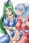  2girls ^_^ blush breasts capelet choker closed_eyes green_eyes green_hair hair_bobbles hair_ornament hat large_breasts long_hair matching_outfit mima multiple_girls open_mouth shinki side_ponytail silver_hair skirt smile touhou touhou_(pc-98) under_boob yohane 