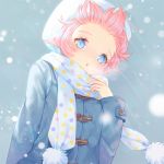  1girl blue_eyes blurry breath buttons coat hat long_sleeves looking_at_viewer original pink_hair polka_dot polka_dot_scarf pom_pom_(clothes) saban scarf short_hair snowing solo upper_body wind 