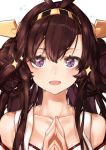  1girl :d ahoge breasts brown_hair cleavage close-up collarbone colored_eyelashes commentary_request detached_sleeves double_bun hands_together highres japanese_clothes kantai_collection kongou_(kantai_collection) leung_ka_che long_hair looking_at_viewer nontraditional_miko open_mouth smile solo sparkle violet_eyes 