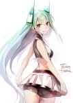 1girl ass commentary_request green_hair grin headgear highres long_hair looking_at_viewer menou_kaname midriff original skirt smile solo taishi_(picchiridou) very_long_hair violet_eyes 