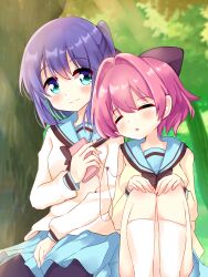  2girls benamonti black_pantyhose blue_sailor_collar blue_skirt blush bow cellphone closed_eyes commentary dappled_sunlight day dot_nose double-parted_bangs earphones green_eyes hair_bow hair_intakes hands_on_own_knees head_on_another's_shoulder highres hiiragi_kae holding holding_phone honjou_kasumi kneehighs knees_up large_bow long_sleeves looking_at_viewer marehoshi_academy_school_uniform medium_hair multiple_girls open_mouth outdoors pantyhose phone pink_hair purple_bow purple_hair re:stage! sailor_collar school_uniform serafuku shared_earphones short_hair sideways_glance sitting skirt sleeping sleeping_upright smartphone smile socks sunlight tree white_socks yellow_serafuku 