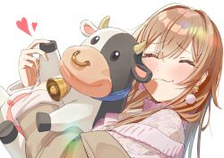  1girl animal bell blush brown_hair brown_jacket closed_eyes closed_mouth commentary cow cowbell earrings furen_e_lustario furen_e_lustario_(4th_costume) hair_between_eyes heart highres holding holding_animal jacket jewelry long_hair long_sleeves mario_kart mario_kart_world moo_moo_(mario) nijisanji off_shoulder pink_sweater simple_background suisei_lens super_mario_bros. sweater symbol-only_commentary turtleneck turtleneck_sweater virtual_youtuber white_background 