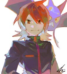  1boy black_jacket closed_mouth colored_sclera colored_skin commentary_request crobat jacket korean_commentary long_sleeves looking_at_viewer male_focus medium_hair parted_bangs pokemon pokemon_(creature) pokemon_hgss purple_skin red_eyes red_hair senzzang signature silver_(pokemon) simple_background smile solo teeth upper_body white_background yellow_sclera 