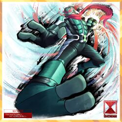  1boy absurdres armor ben_10 bodysuit character_request fewer_digits flying_kick green_armor green_bodysuit highres kamen_rider kamen_rider_(1st_series) kamen_rider_1 kicking red_scarf rider_kick saikekuu scarf shikishi solo 