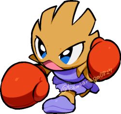  blue_eyes boxing_gloves chibi chibi_only commentary_request full_body hitmonchan kawaanago lowres open_mouth pokemon pokemon_(creature) pokemon_focus purple_shoes shoes solo transparent_background twitter_username 