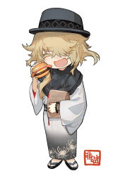  1boy :d ^_^ bacon bead_bracelet beads black_hat black_kimono black_sandals black_scarf blonde_hair bracelet burger chrysanthemum_print closed_eyes colored_eyelashes commentary_request deformed egg_(food) fedora floral_print food gradient_clothes gradient_kimono hair_over_one_eye hair_over_shoulder hat highres holding holding_burger holding_food ichimonji_norimune japanese_clothes jewelry kimono lack long_hair male_focus sandals scarf smile solo touken_ranbu white_kimono 