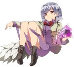  1girl boots bowtie dress full_body hasebe_yuusaku jacket kishin_sagume long_sleeves looking_at_viewer open_mouth purple_dress red_eyes short_hair silver_hair simple_background single_wing solo touhou white_background wings 