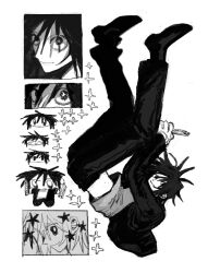  1boy absurdres boxcutter commentary denpa_shougai gakuran greyscale highres holding holding_boxcutter jacket looking_at_viewer male_focus monochrome multiple_views open_clothes open_jacket randal&#039;s_friends school_uniform short_hair simple_background tsukada_satoru white_background 