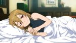  1girl bed brown_hair game_cg indoors looking_at_viewer lying on_side pillow red_eyes silica smile solo sword_art_online sword_art_online:_hollow_fragment 