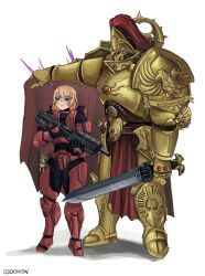  1boy 1girl adeptus_custodes armor artist_name assault_rifle blonde_hair blush cape daisy-023 gloves gorget gun halo_(series) height_difference highres iron_halo loincloth odd_onion pauldrons plume pout power_armor red_cape rifle short_hair shoulder_armor size_difference spartan_(halo) stuffed_animal stuffed_toy sword teddy_bear warhammer_40k weapon white_background 