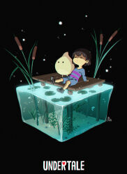  2023 2d 2others ambiguous_gender anime_coloring arm_support artist_logo artist_name black_background blue_romper brown_hair brown_shoes cattail child chromatic_aberration copyright_name creature digital_media dot_eyes double_horizontal_stripe duo frisk_(undertale) highres horizontal-striped_clothes human isometric kamezaemon lily_pad loren_(undertale) multiple_others no_mouth other_focus pink_stripes plant romper shoes short_hair shorts simple_background sitting striped_clothes striped_romper text two-tone_romper undertale utdr_(toby_fox) water 