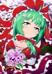  1girl blush bouquet bow breasts bwell cleavage flower frills front_ponytail green_eyes green_hair hair_bow head_tilt kagiyama_hina large_breasts looking_at_viewer petals ribbon smile solo touhou 