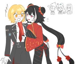  1other 2boys 2girls absurdres black_coat black_dress black_hair black_pants blonde_hair blush chibi chibi_inset chinese_clothes clock coat collared_shirt dante_(limbus_company) don_quixote_(project_moon) double_bun dress hair_bun hand_fan highres hong_lu_(project_moon) jia_xichun_(project_moon) limbus_company long_hair long_sleeves looking_at_another multicolored_hair multiple_boys multiple_girls natsoo_(natsoomeee) necktie open_mouth pants pink_eyes project_moon red_necktie red_shrug rope_belt shirt short_hair shrug_(clothing) simple_background standing streaked_hair twintails upper_body white_background white_shirt white_streaks yellow_eyes 