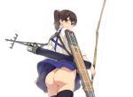 1girl ass black_legwear blush bow_(weapon) brown_eyes brown_hair commentary_request from_behind japanese_clothes kaga_(kantai_collection) kantai_collection long_hair looking_back munashi_mujou muneate side_ponytail skirt skirt_lift solo thigh-highs upskirt weapon wind_lift 