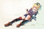  1girl aiguillette assault_rifle belt black_legwear blonde_hair boots bow butterfly character_request copyright_request gloves gun hair_bow hairband holster medal personification red_eyes rifle scarf shorts single_thighhigh sitting smile solo sv-98 thigh-highs thigh_holster weapon youqiniang 