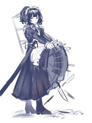  1girl absurdres apron black_dress black_hair clothes_lift dress full_body highres juliet_sleeves knife limbus_company long_hair long_sleeves looking_at_viewer maid_apron maid_headdress natsoo_(natsoomeee) partially_colored ponytail project_moon puffy_sleeves red_eyes ryoshu_(project_moon) simple_background skirt skirt_lift solo standing white_apron white_background wuthering_heights_(identity)_(project_moon) 