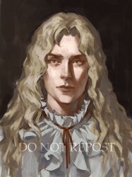  1boy alucard_(castlevania) blonde_hair castlevania_(1986) castlevania_(series) ecler_ecler expressionless frilled_shirt frills highres long_hair looking_at_viewer male_focus neck_ribbon painterly ribbon shirt solo upper_body wavy_hair yellow_eyes 