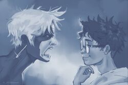  2boys angry cwissanthemum dandadan evil_eye_(dandadan) glass highres lion_screaming_at_monkey_(meme) looking_at_another meme monochrome multiple_boys smile takakura_ken_(dandadan) upper_body 